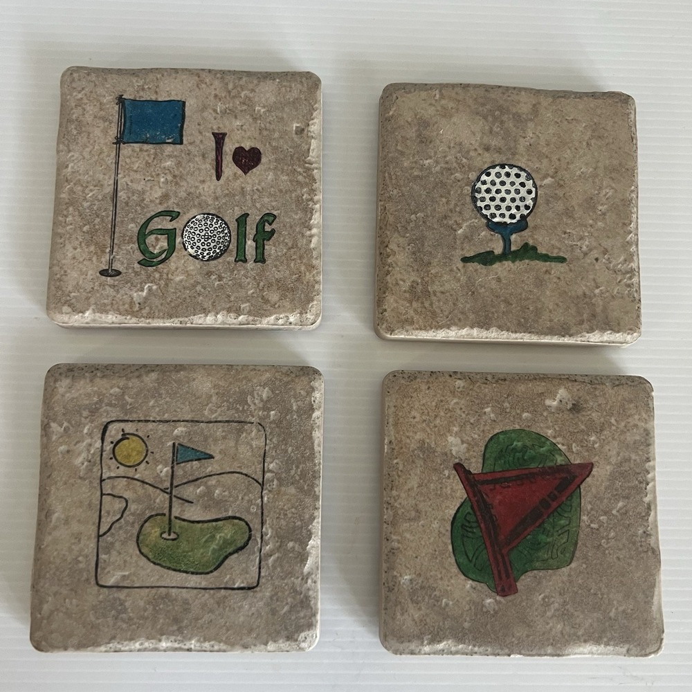 Golf Theme Stone Coaster Set of 4 Handcrafted In Colorado USA Cork Backing